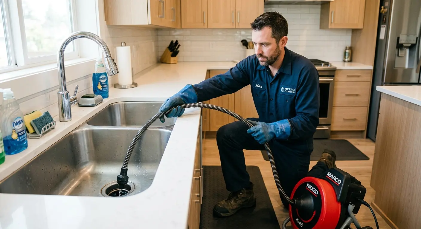 Drain cleaning technician using a motorized snake on a kitchen sink in Mount Prospect