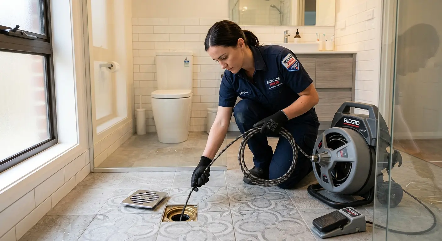 Technician clearing a bathroom floor drain for Drain Repair in Mount Prospect